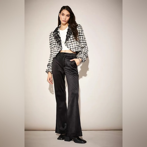 Sale!! 🤩🤩🤩NWT SCOTCH & SODA Black Velvet high-rise flared  trousers 29/32 - Picture 1 of 10